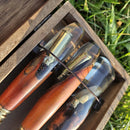 Conjunto Faca Chaira e Garfo Artesanal 8 Polegada, Cabo Híbrido com Bala + Estojo